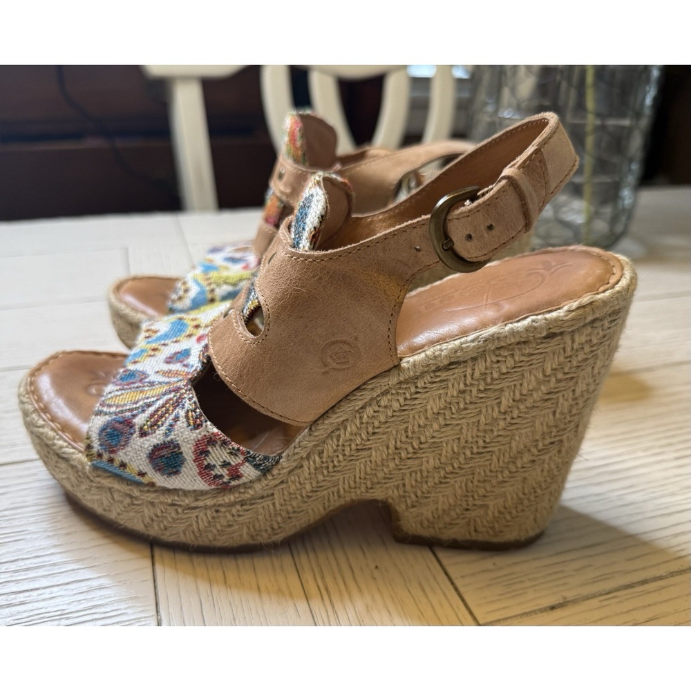 Born Brewster Platform‎ Wedge Sandal Tapestry Leather Jute 4" Heel Women Sz 8 M